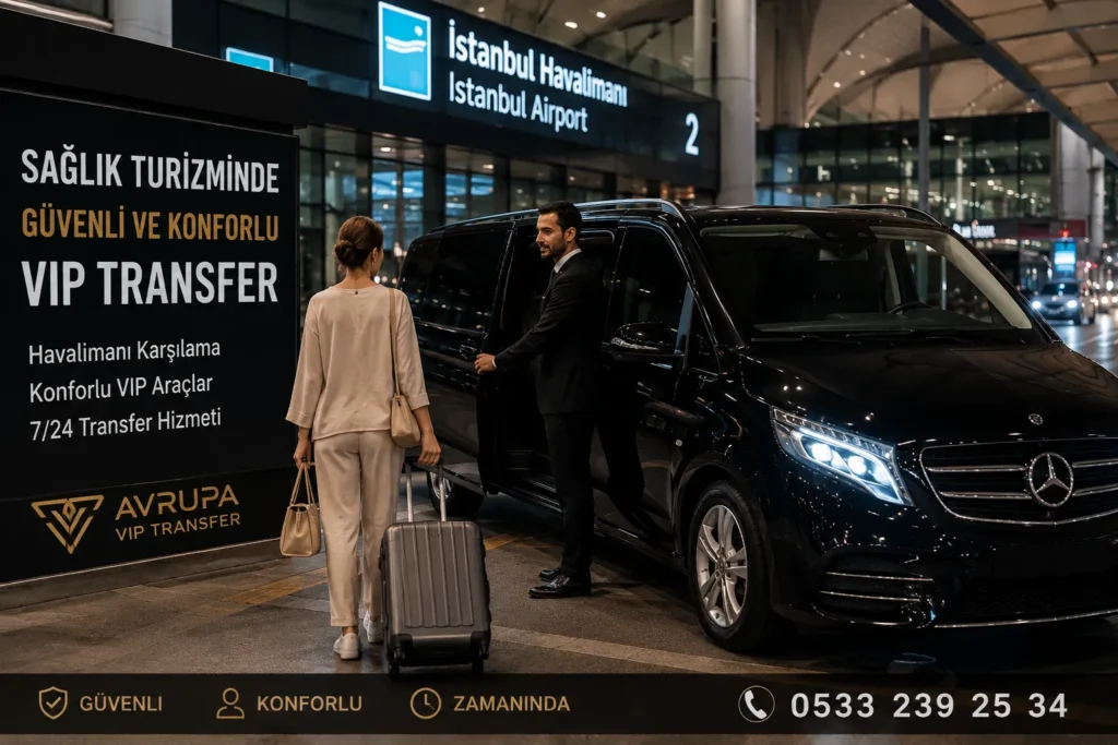 Sağlık turizminde güvenli VIP transfer hizmeti sunan siyah lüks araç İstanbul havalimanında bekliyor