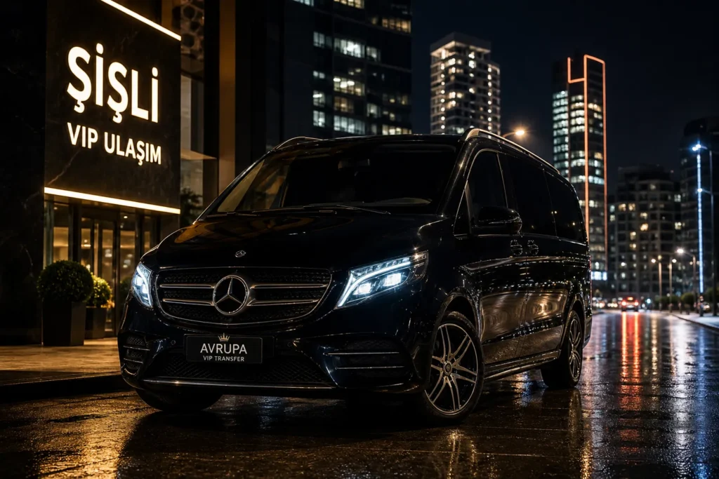 Şişli gece VIP ulaşım hizmeti lüks siyah araç şehir gece manzarasında